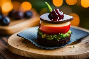 un postre con chocolate y Cereza en cima. generado por ai foto