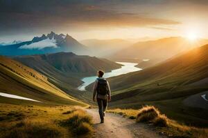 un hombre caminando en un camino en el montañas. generado por ai foto