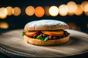 un hamburguesa en un de madera plato con luces en el antecedentes. generado por ai foto