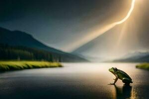 a frog sitting on the edge of a lake with a light shining behind it. AI-Generated photo