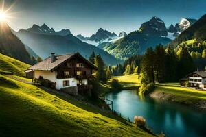 the house is surrounded by green grass and mountains. AI-Generated photo