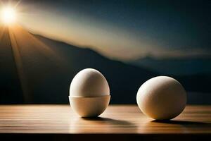 two eggs on a table with the sun shining behind them. AI-Generated photo