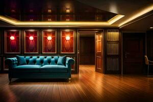 a blue couch in a room with wood paneling. AI-Generated photo