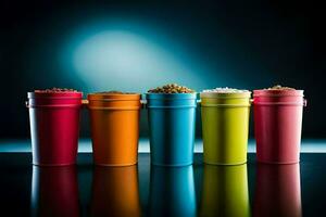 five colorful plastic containers with different types of food. AI-Generated photo