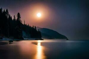 photo wallpaper the sky, trees, the moon, the sea, the forest, the lake,. AI-Generated