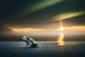 a frog sitting on the beach at sunset. AI-Generated photo