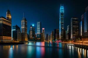 the chicago skyline at night with lights reflecting off the water. AI-Generated photo