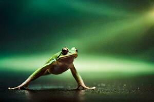 a frog is standing on its hind legs in front of a green background. AI-Generated photo