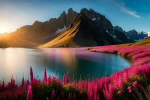 the sun rises over a lake and pink flowers in the foreground. AI-Generated photo