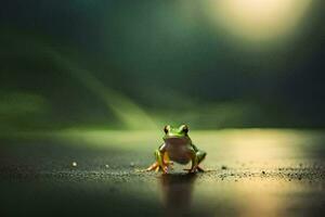 a frog sitting on the ground in the dark. AI-Generated photo