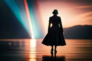 a woman in a long coat standing on the water at sunset. AI-Generated photo