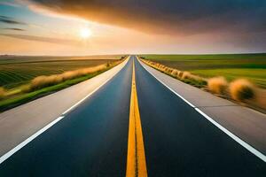 un largo vacío la carretera con el Dom ajuste detrás él. generado por ai foto