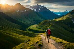 un hombre con un mochila camina arriba un montaña camino. generado por ai foto