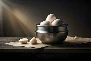 a bowl of eggs on a table. AI-Generated photo