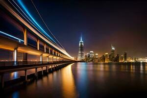 un largo exposición fotografía de un puente terminado agua a noche. generado por ai foto