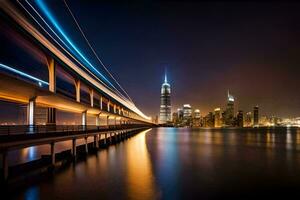 a long exposure photograph of a bridge over water at night. AI-Generated photo