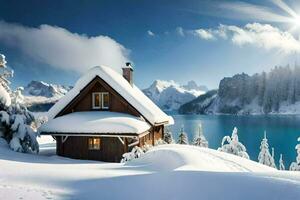 a cabin in the snow with a lake in the background. AI-Generated photo