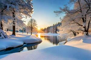 un río en el nieve. generado por ai foto