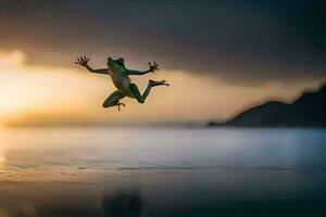 a frog jumping in the air at sunset. AI-Generated photo