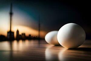 two eggs on a table with a city in the background. AI-Generated photo