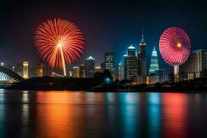 fireworks over the city skyline at night. AI-Generated photo