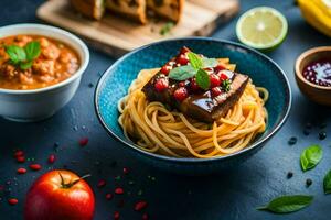 spaghetti with tomato sauce, basil and bread on a dark table. AI-Generated photo