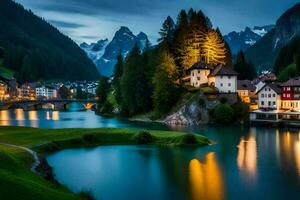 el pueblo de Suiza a noche. generado por ai foto