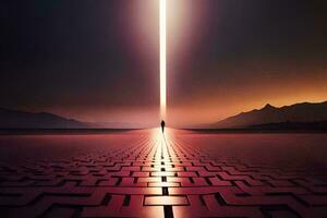 a man standing in front of a light beam in a maze. AI-Generated photo