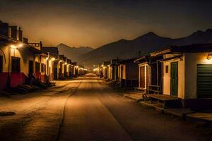 un calle a noche con casas y montañas en el antecedentes. generado por ai foto