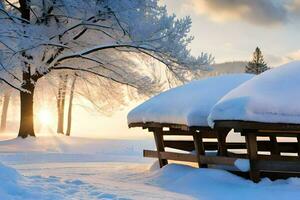 a bench covered in snow sits in the middle of a park. AI-Generated photo