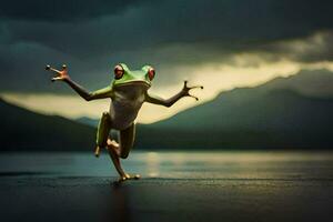 un rana saltando en el aire con sus brazos extendido. generado por ai foto