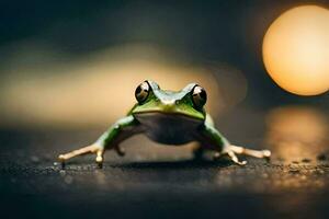 a frog is sitting on the ground with a blurry background. AI-Generated photo