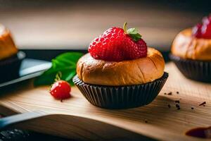 small cupcakes with strawberries on top of a wooden cutting board. AI-Generated photo