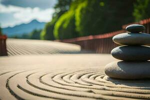 a stack of rocks sitting on a path. AI-Generated photo