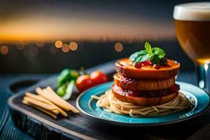 a plate of food with spaghetti and tomato slices. AI-Generated photo