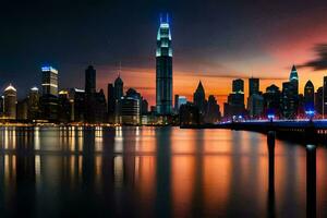 the city skyline at night with a bridge and water. AI-Generated photo