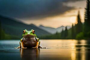 un rana sentado en el borde de un lago a puesta de sol. generado por ai foto