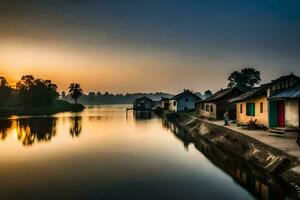 un río a puesta de sol con casas en el costa. generado por ai foto