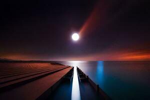 un largo muelle con un lleno Luna en el cielo. generado por ai foto