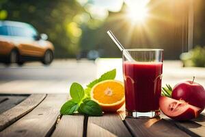 un vaso de jugo con un manzana y un naranja en un mesa. generado por ai foto