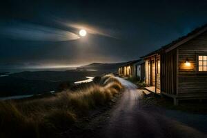 a cabin on the side of a mountain with a full moon. AI-Generated photo