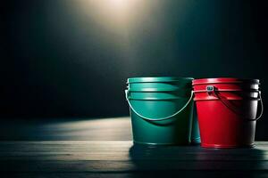 two red and green buckets on a wooden table. AI-Generated photo