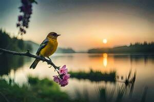 un pájaro se sienta en un rama cerca un lago a puesta de sol. generado por ai foto