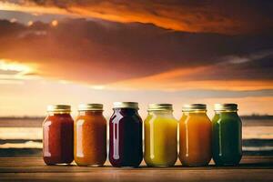 five jars of juice on a table with a sunset in the background. AI-Generated photo