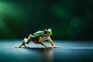 a frog is standing on a dark surface. AI-Generated photo