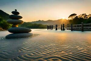 un Roca escultura se sienta en el arena a puesta de sol. generado por ai foto