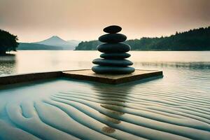 a stack of rocks sitting on the edge of a lake. AI-Generated photo