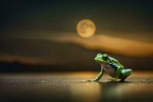 a frog sitting on the ground with the moon in the background. AI-Generated photo