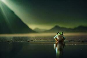 a frog sitting on the ground in the dark. AI-Generated photo