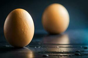 dos huevos en un oscuro superficie. generado por ai foto